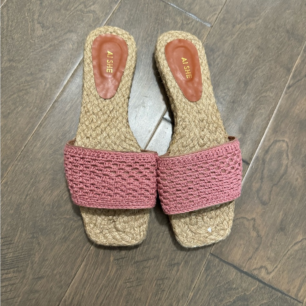Tan and Pink Braided Sandals with Square Toe